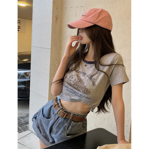 Official drawing pull frame cotton American retro minority printed short sleeve T-shirt women's contrast color round neck bottoming shirt