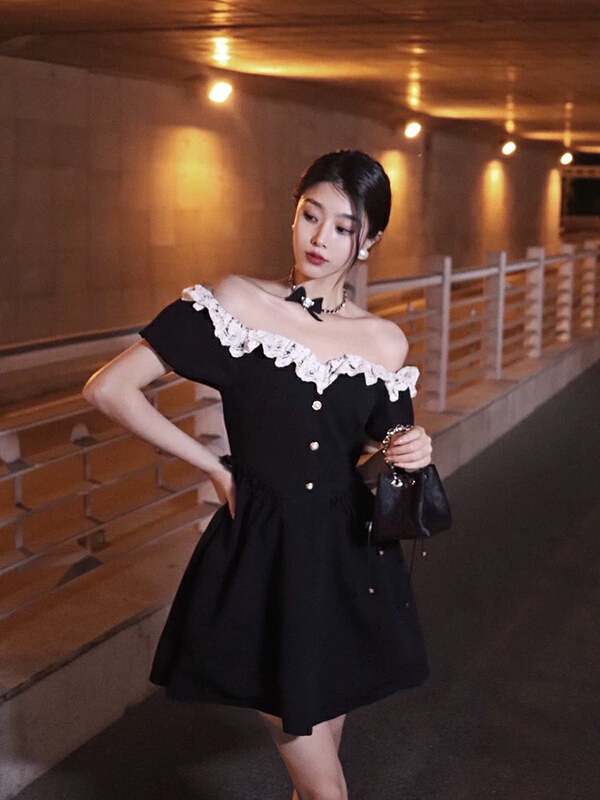 [ou zhengsha] French off shoulder temperament sexy thin short waist dress 18896\jj