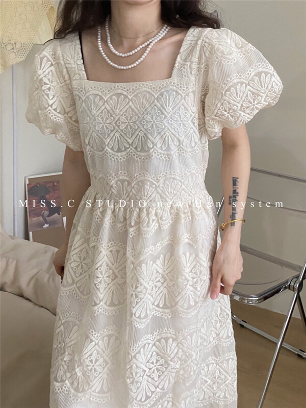 [miss.c studio] French square neck bubble sleeve temperament front and back two-piece dress 1566\zxx