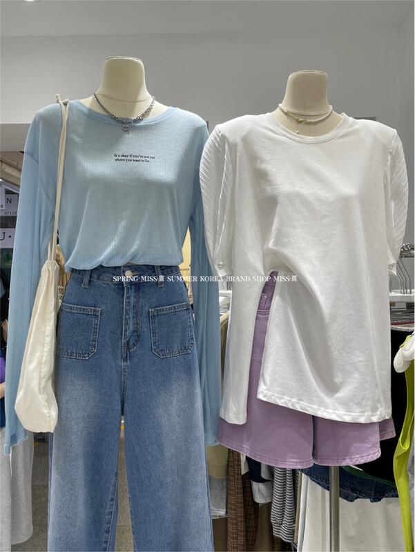 [Miss Jia] sleeve pearl slit short sleeve T-shirt 6690\xyy