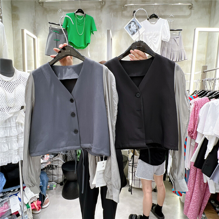 【MOZR】V-neck button-sleeved shirt 22169# XYJ