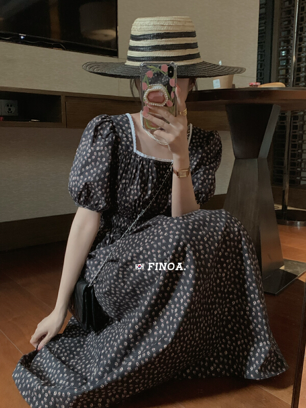 [finoa] casual and generous collar floral dress olive1179