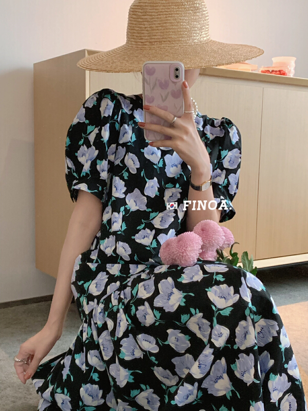 [finoa] Korean sweet texture printed lace up dress 1123