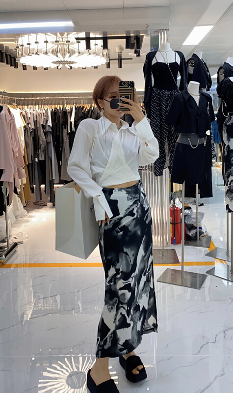 [semi plain] high waist printed slim skirt v387\zjy