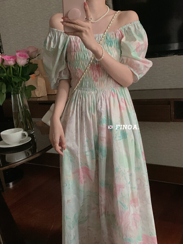 [finoa] Korean lady large flower bubble sleeve dress 10552