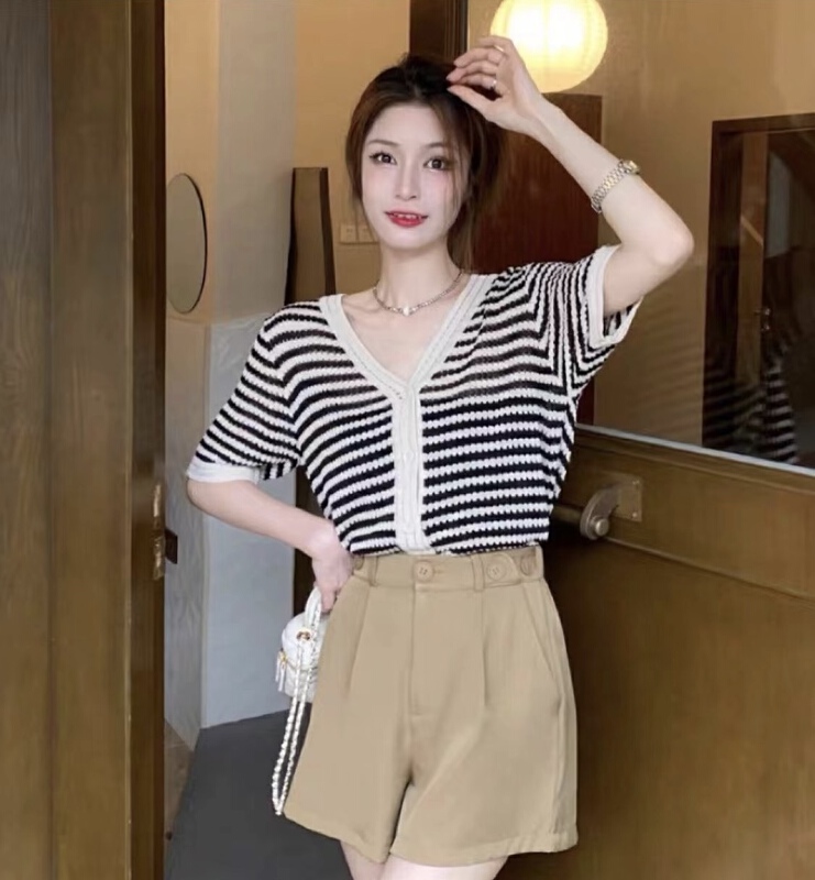 [mozr] V-neck striped single breasted sweater 890# XYJ