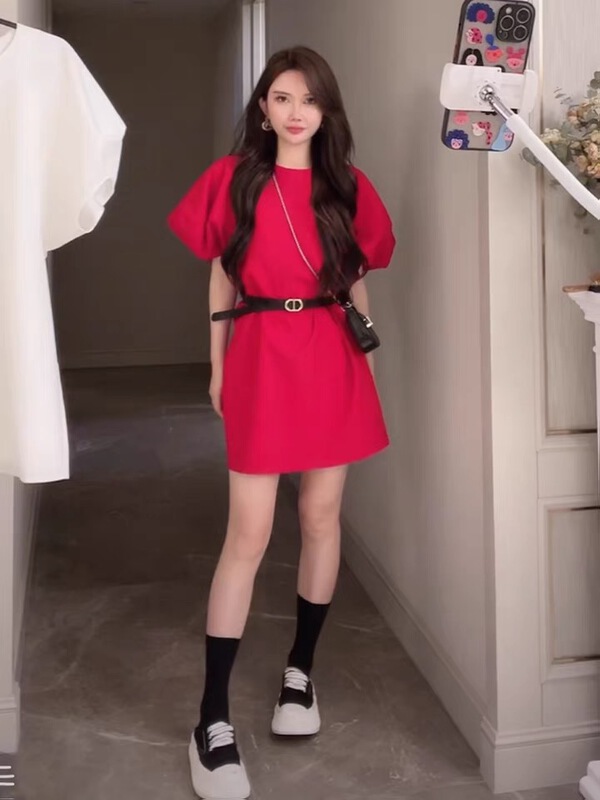 [fox] solid color crimp Pullover dress (without belt) 8826\wtt