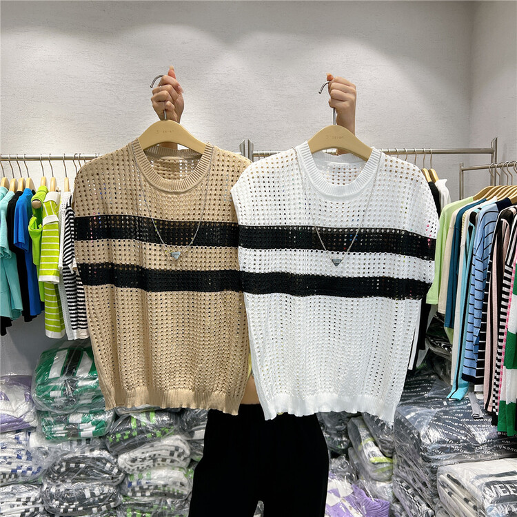 [s'seven] crew neck stripe hollow out T-shirt (with chain) 3057\xyj