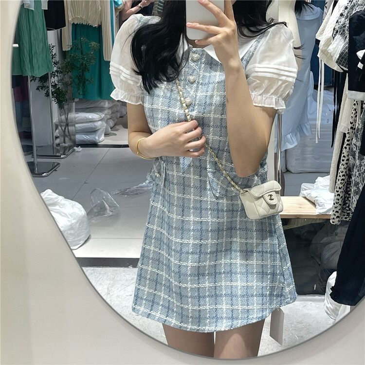 [NC edition/new color] baby collar Bubble Sleeve Plaid age reducing sweet dress z2562 \zxx