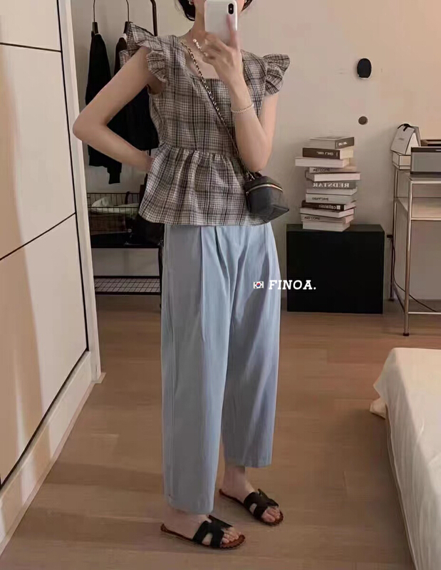 [finoa] lady temperament Plaid square neck LACE SLING olive1217