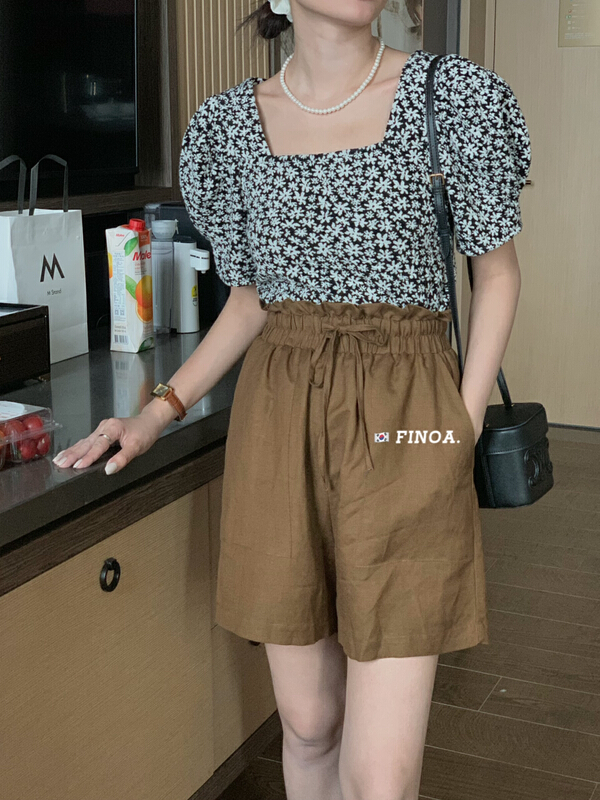 [finoa] Korean version reduced age square collar floral contrast shirt 10619