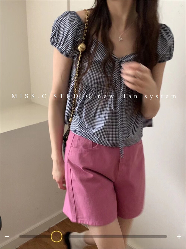 [miss.c studio] Korean Style Bubble Sleeve Plaid short shirt 6019\zxx