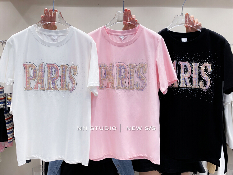 [NN] Korean casual heavy craft English manual Sequin short sleeve T-shirt 9651\xyy