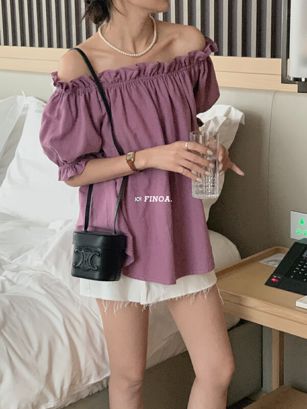 [finoa] Korean version solid color one shoulder wooden ear shirt 10608