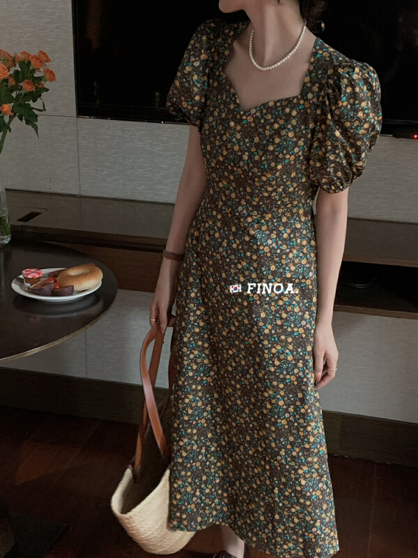 [finoa] Polyester Cotton Floral backless dress olive1175