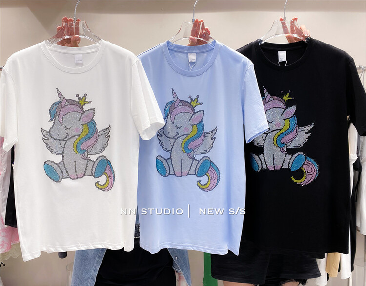 [NN] hot drill Unicorn round neck Pullover loose Casual Short Sleeve T-shirt 9618\xyy