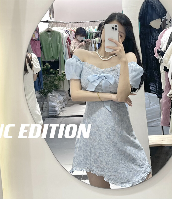 [NC edition/new color] Korean style square neck bow tie bubble sleeve dress f9281\zxx