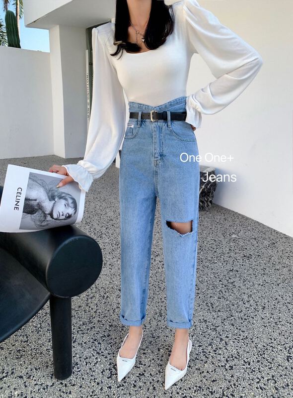 Original price 81.21! [one one home] high waisted Harlan distressed jeans (with belt) 816# zxl