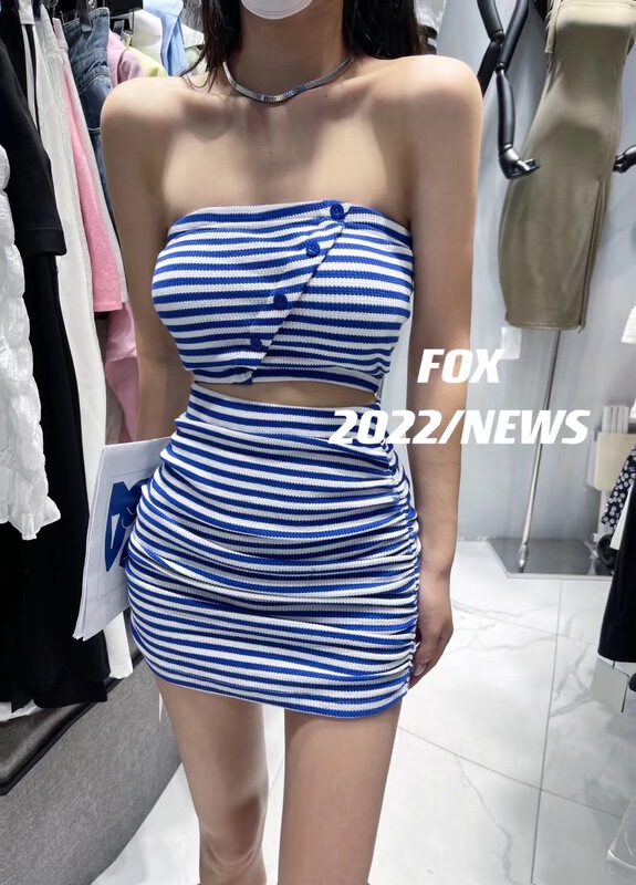 [fox] striped sleeveless Strapless + high waist slim skirt set 53118\wtt