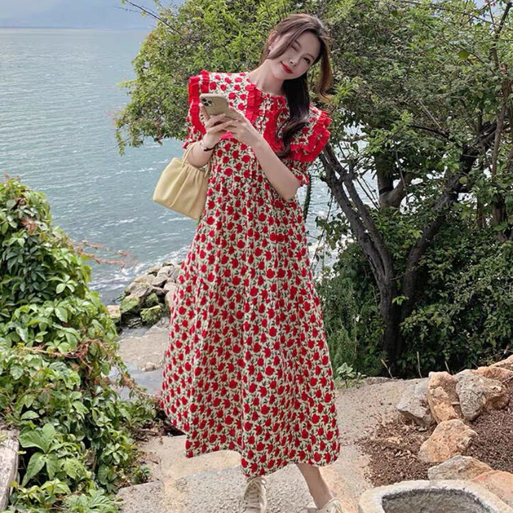 [ou zhengsha] Korean version sweet and gentle temperament loose ear edge baby collar floral dress 18863\jj