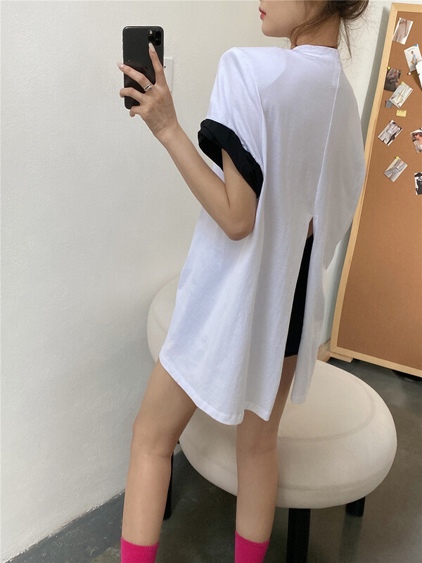 [modern 197] simple leisure leave two medium long loose short sleeve T-shirts 7101\lsl