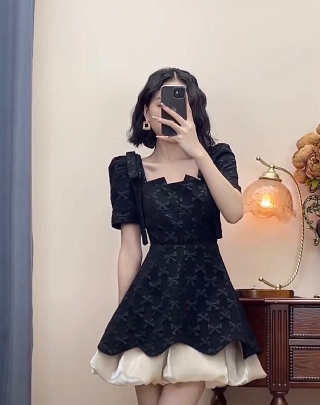 [ou zhengsha] sweet cool square neck bow print dress 18822\jj