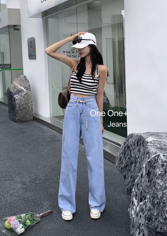 [one one family] Korean style clean simple loose fitting jeans (with belt) 980\zxl