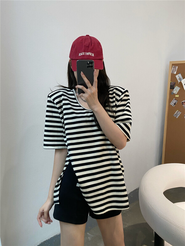 [modern 197] simple and versatile casual stripe short sleeve T-shirt 61119\lsl