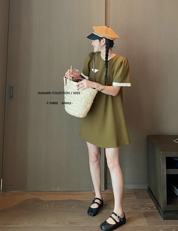 [f.three] back bow contrast embellishment loose dress 87360\xj