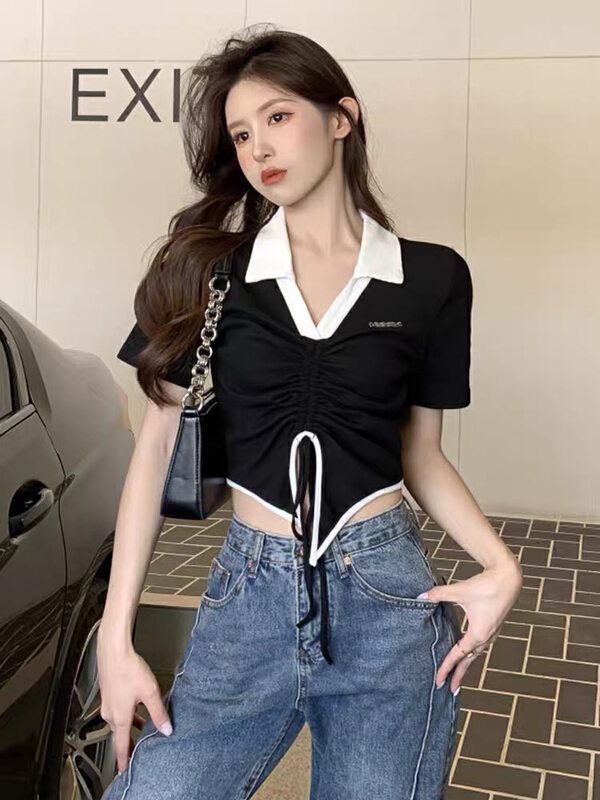 [ou zhengsha] Lapel contrast drawstring shirt (sold separately) 18811\jj
