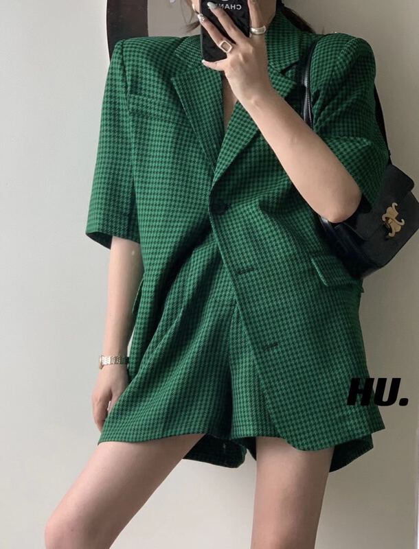 【HU.】 Plaid temperament suit + simple and versatile casual pants set 22110 \zxl