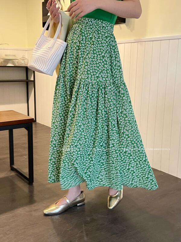 Original price 98.99! [f.three] elastic waist retro green flower skirt ys1-95015\xj