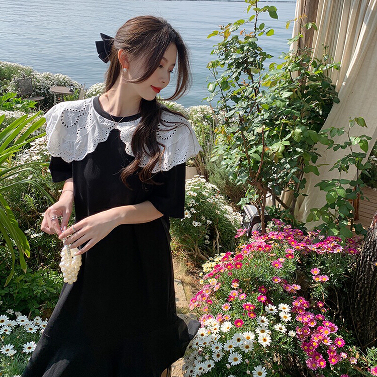 [ou zhengsha] Korean color blocking lace loose dress 18852\jj