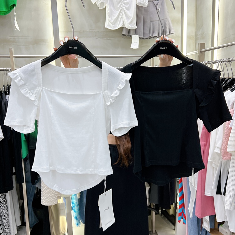 [mozr] square neck wood ear trim short sleeve T-shirt 22159\xyj