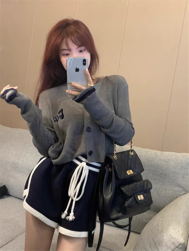[fox] long sleeve button up cardigan + Lace Up High Waist Shorts Set 1880\wtt