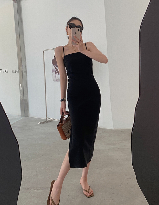 [fox] fresh and simple side split long dress suspender dress 53122\wtt