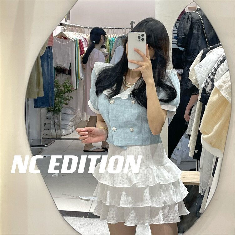 [NC edition/new color] baby collar bubble sleeve double breasted blouse + sweet skirt set q9502\zxx
