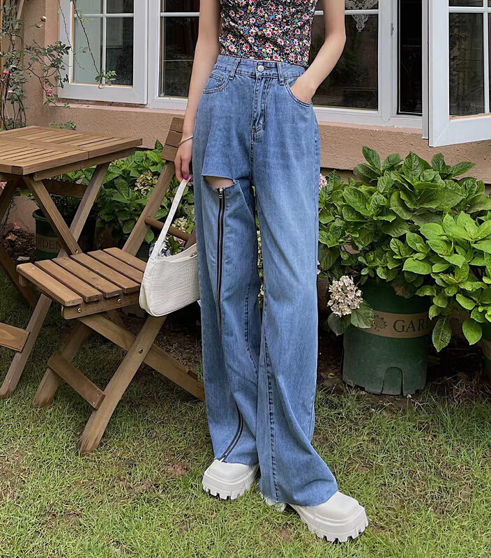 [a+] niche design zipper pierced jeans 5319-1\l