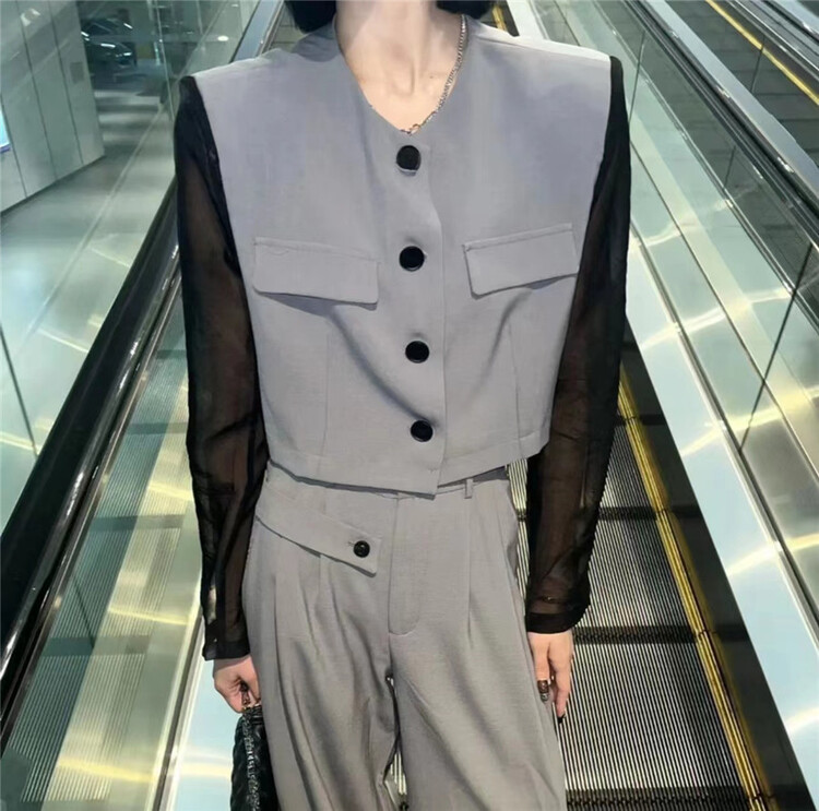 [semi plain] round neck color contrast button up shirt e607\zjy