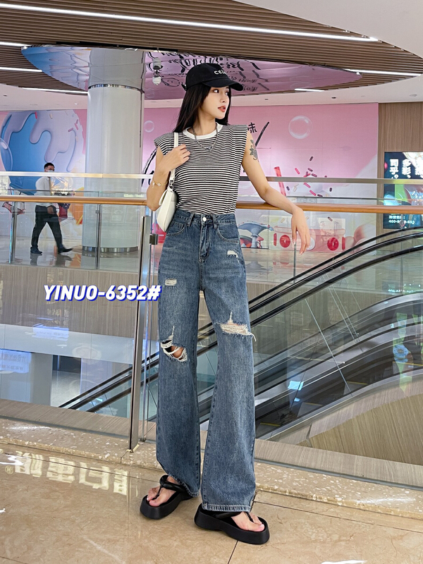 【YINUO益諾牛仔】無彈時髦闊腿破洞高腰牛仔褲  6352#  ZJY