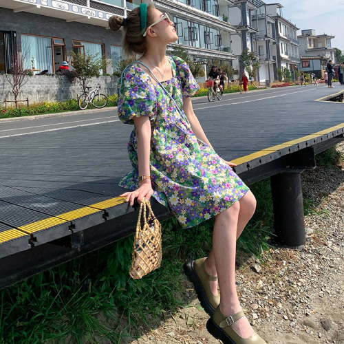 Decor Princess floral dress women's summer and Korean version loose square neck lantern short sleeve girl A-shaped doll short skirt