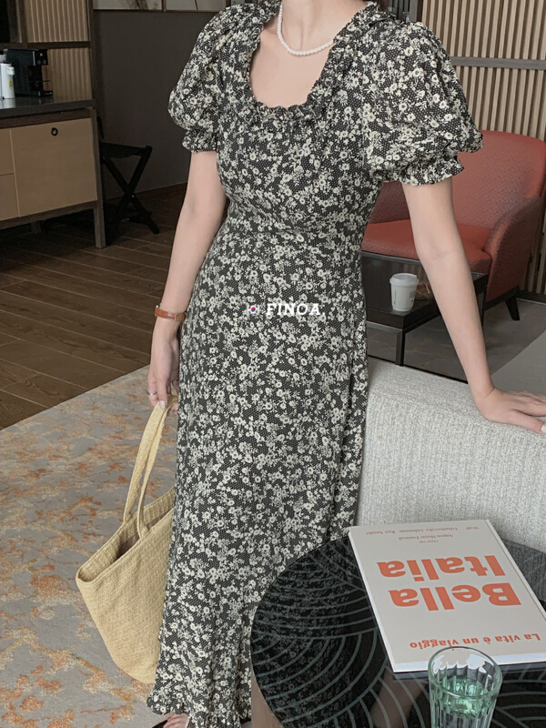[finoa] temperament floral back hollow out bandage dress 10610