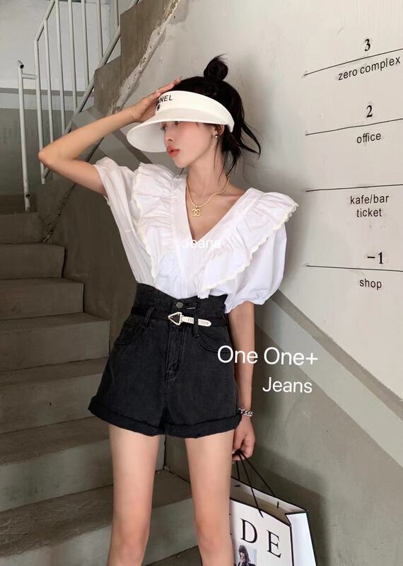 [one one home] high waist and thin versatile denim shorts (with belt) 939\zxl