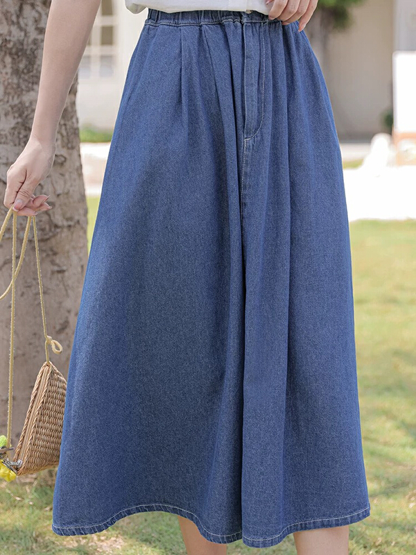 [ange RuRu] Korean pure color loose elastic waist denim skirt 9005\zjy