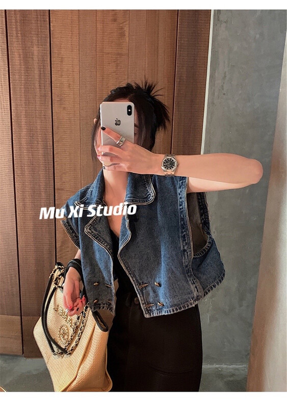 [Muxi] personalized double breasted Lapel cowboy short vest 6063\wpl