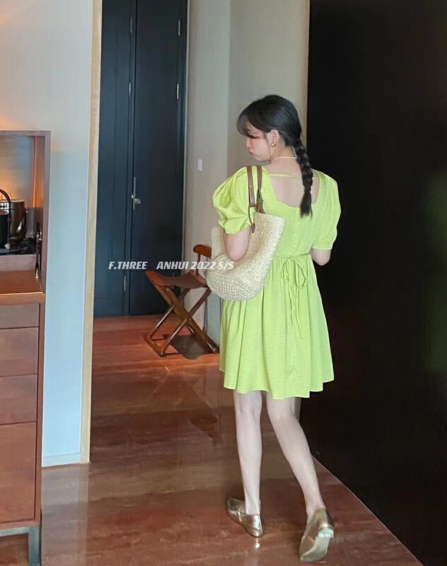 [f.three] first love gentle wind bubble sleeve square neck dress 95209\xj