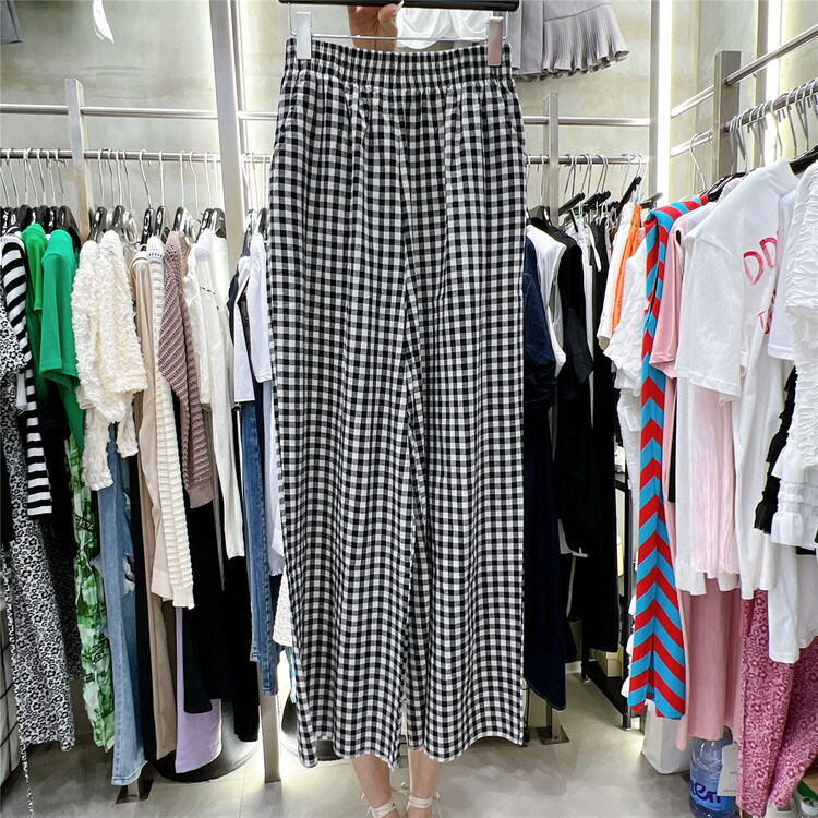 [mozr] Elastic Waist Wide Leg Plaid casual pants 9079\xyj