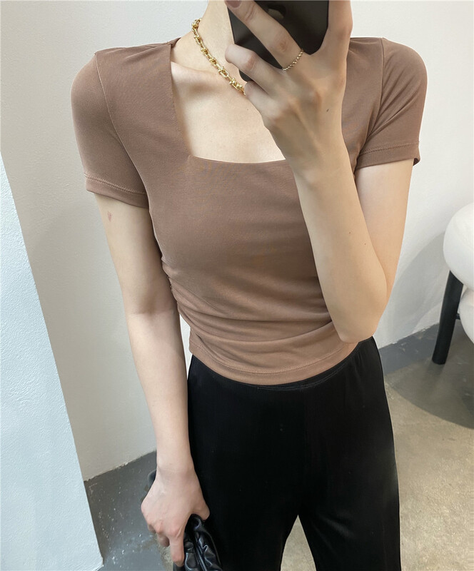 [modern 197] square collar Korean simple short sleeve T-shirt 5891\lsl