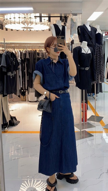 [semi plain] commuter simple denim mid length skirt (with belt) c1006\zjy