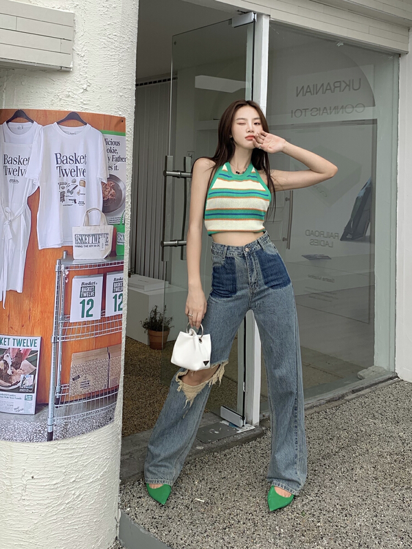 [a+] fashion hole color matching versatile jeans 7727-2\2\wpl